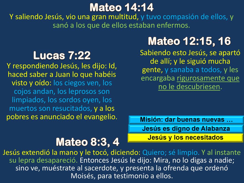 Mateo 14:14 Mateo 12:15, 16 Lucas 7:22 Mateo 8:3, 4