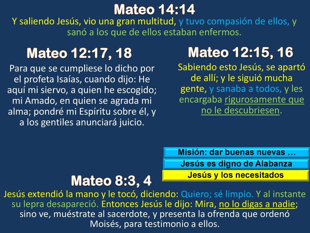 Mateo 14:14 Mateo 12:17, 18 Mateo 12:15, 16 Mateo 8:3, 4