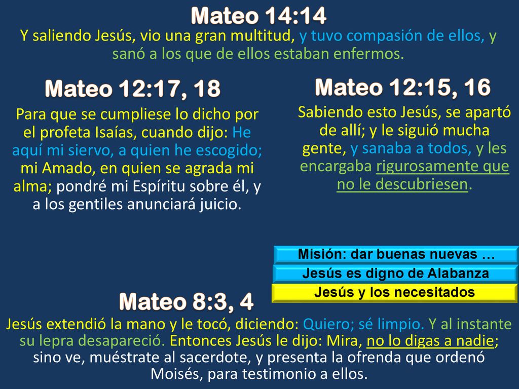 Mateo 14:14 Mateo 12:17, 18 Mateo 12:15, 16 Mateo 8:3, 4