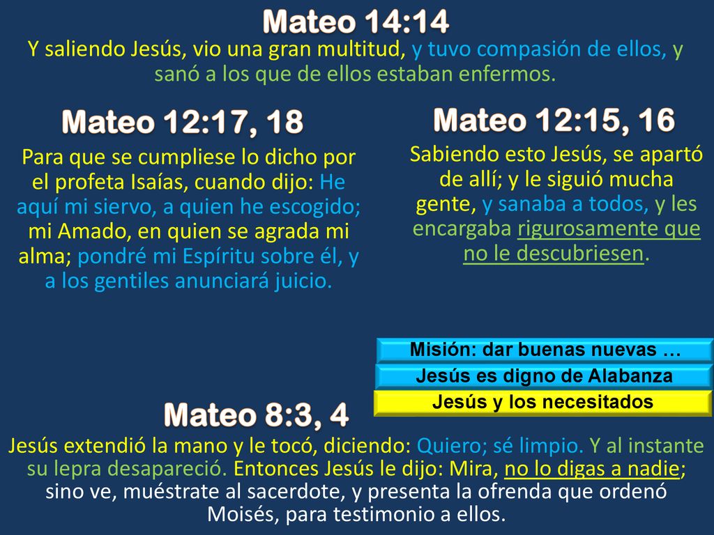 Mateo 14:14 Mateo 12:17, 18 Mateo 12:15, 16 Mateo 8:3, 4