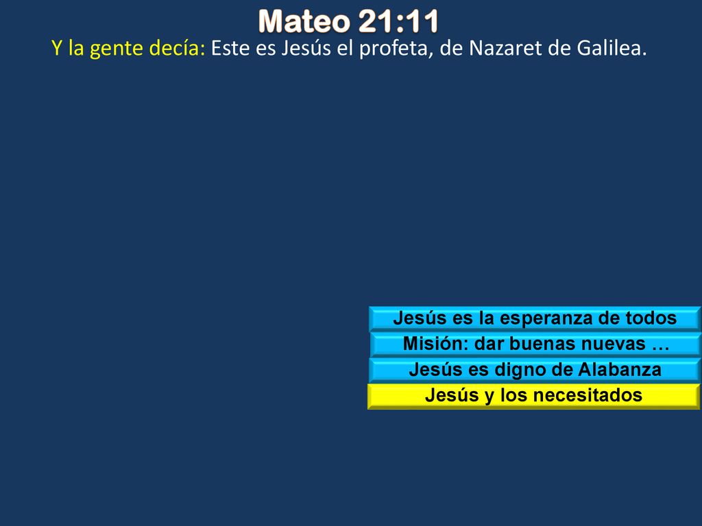 Mateo 21:11 Y la gente decía: Este es Jesús el profeta, de Nazaret de Galilea. Jesús es la esperanza de todos.