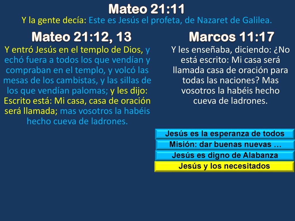 Mateo 21:11 Y la gente decía: Este es Jesús el profeta, de Nazaret de Galilea. Mateo 21:12, 13. Marcos 11:17.