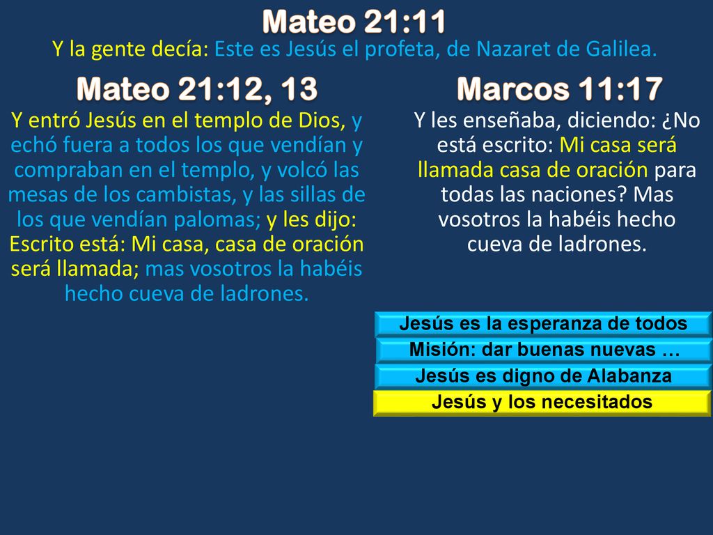 Mateo 21:11 Y la gente decía: Este es Jesús el profeta, de Nazaret de Galilea. Mateo 21:12, 13. Marcos 11:17.