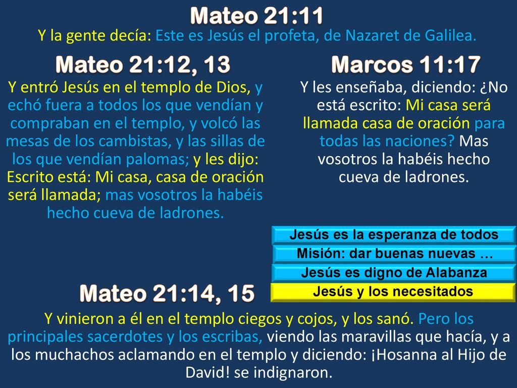 Mateo 21:11 Mateo 21:12, 13 Marcos 11:17 Mateo 21:14, 15
