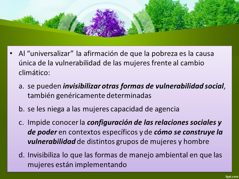 Al universalizar la afirmación de que la pobreza es la causa única de la vulnerabilidad de las mujeres frente al cambio climático: