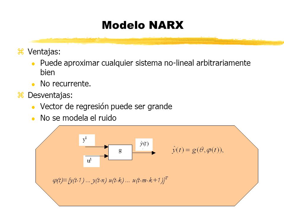 Modelo NARX Ventajas: Puede aproximar cualquier sistema no-lineal arbitrariamente bien. No recurrente.