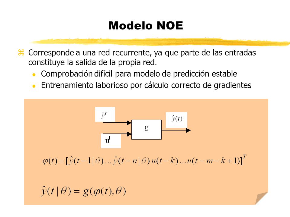 Modelo NOE Corresponde a una red recurrente, ya que parte de las entradas constituye la salida de la propia red.