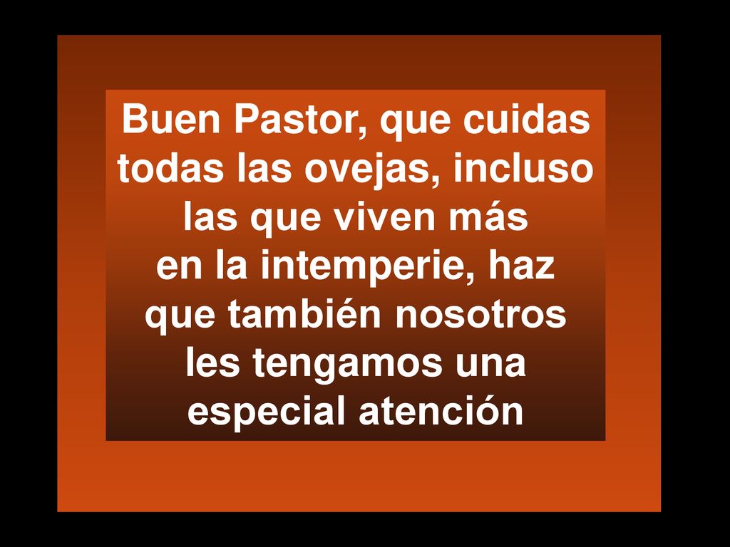 Buen Pastor, que cuidas todas las ovejas, incluso las que viven más en la intemperie, haz que también nosotros les tengamos una especial atención