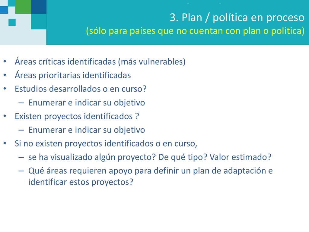 3. Plan / política en proceso (sólo para países que no cuentan con plan o política)