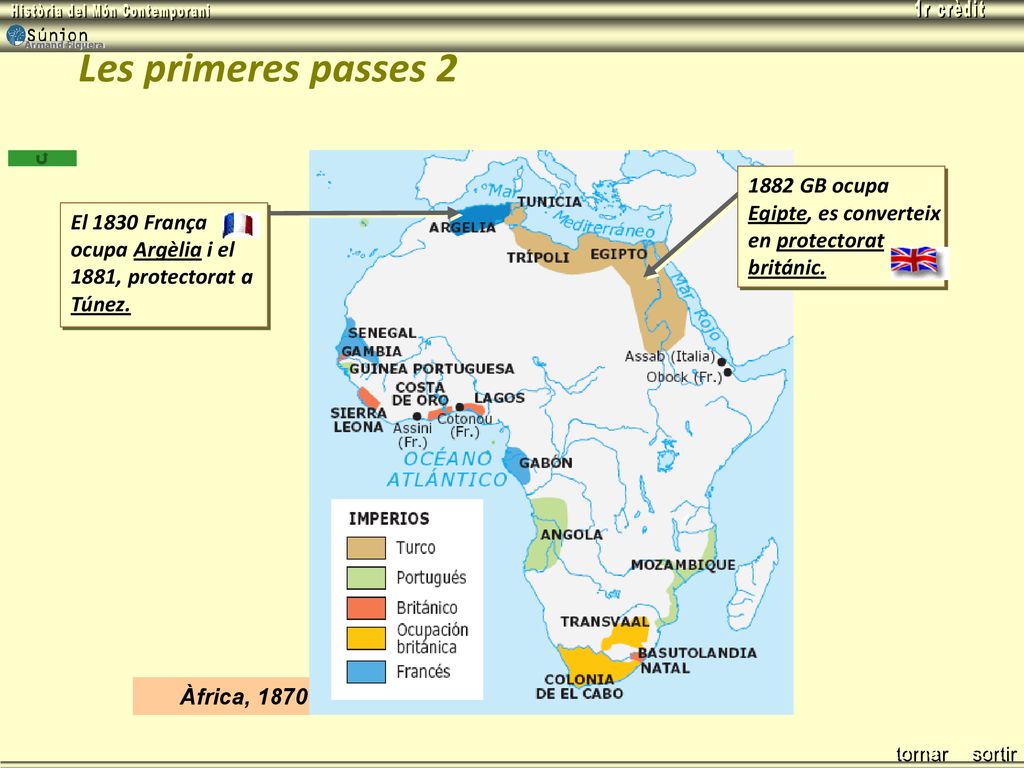 U6 Les primeres passes GB ocupa Egipte, es converteix en protectorat británic. El 1830 França ocupa Argèlia i el 1881, protectorat a Túnez.