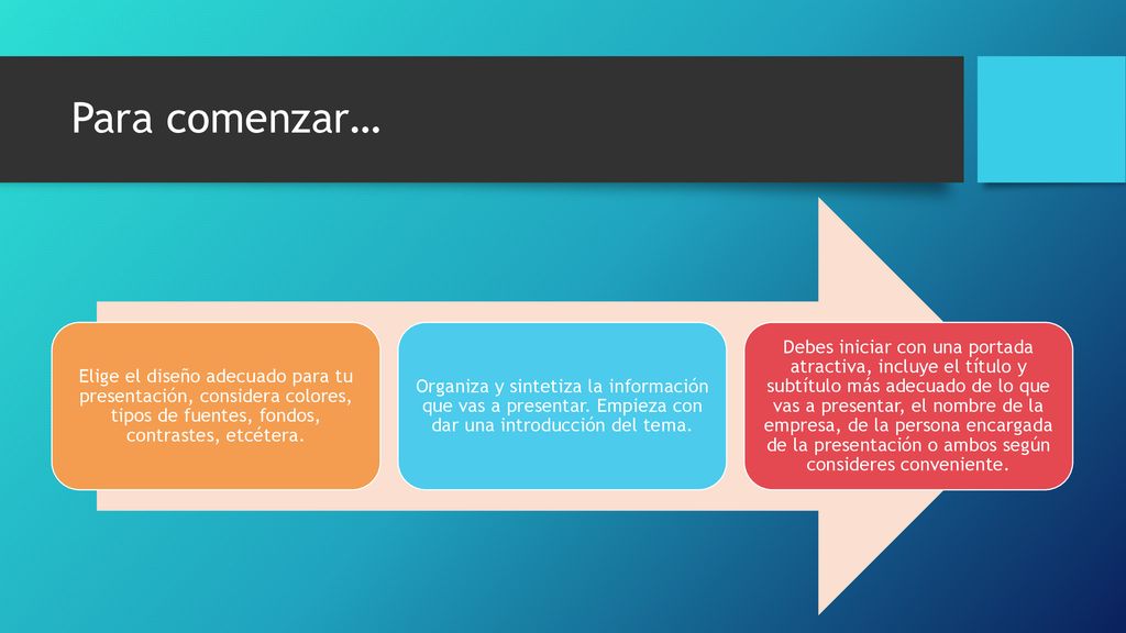 Para comenzar… Elige el diseño adecuado para tu presentación, considera colores, tipos de fuentes, fondos, contrastes, etcétera.