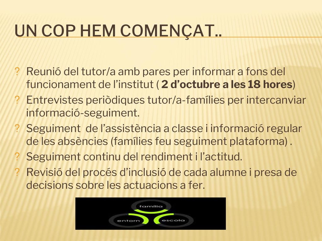 UN COP HEM COMENÇAT.. Reunió del tutor/a amb pares per informar a fons del funcionament de l’institut ( 2 d’octubre a les 18 hores)