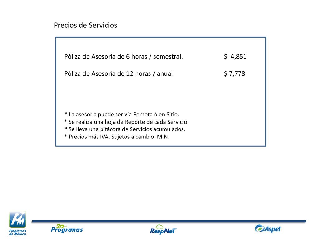 Precios de Servicios Póliza de Asesoría de 6 horas / semestral. $ 4,851. Póliza de Asesoría de 12 horas / anual $ 7,778.