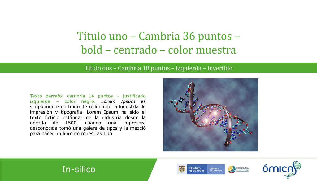 Título uno – Cambria 36 puntos – bold – centrado – color muestra