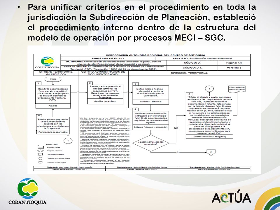 Para unificar criterios en el procedimiento en toda la jurisdicción la Subdirección de Planeación, estableció el procedimiento interno dentro de la estructura del modelo de operación por procesos MECI – SGC.