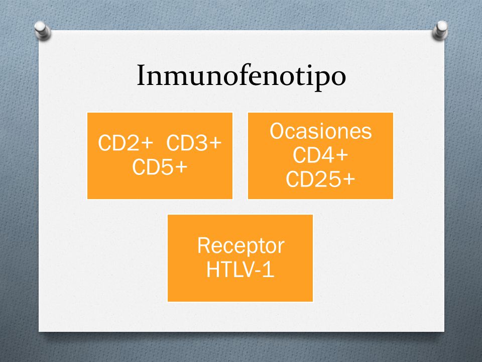 Inmunofenotipo CD2+ CD3+ CD5+ Ocasiones CD4+ CD25+ Receptor HTLV-1