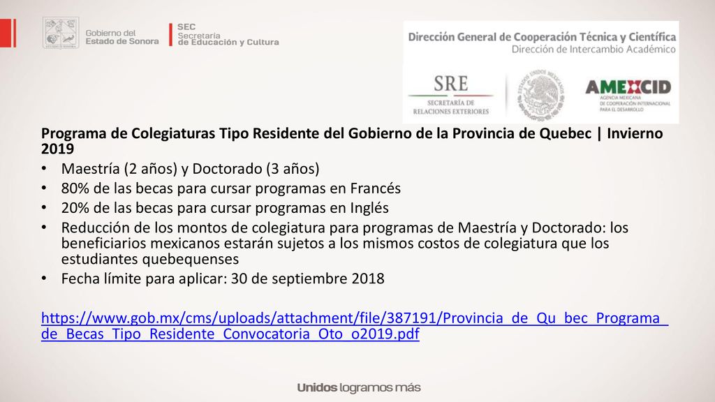 Programa de Colegiaturas Tipo Residente del Gobierno de la Provincia de Quebec | Invierno 2019