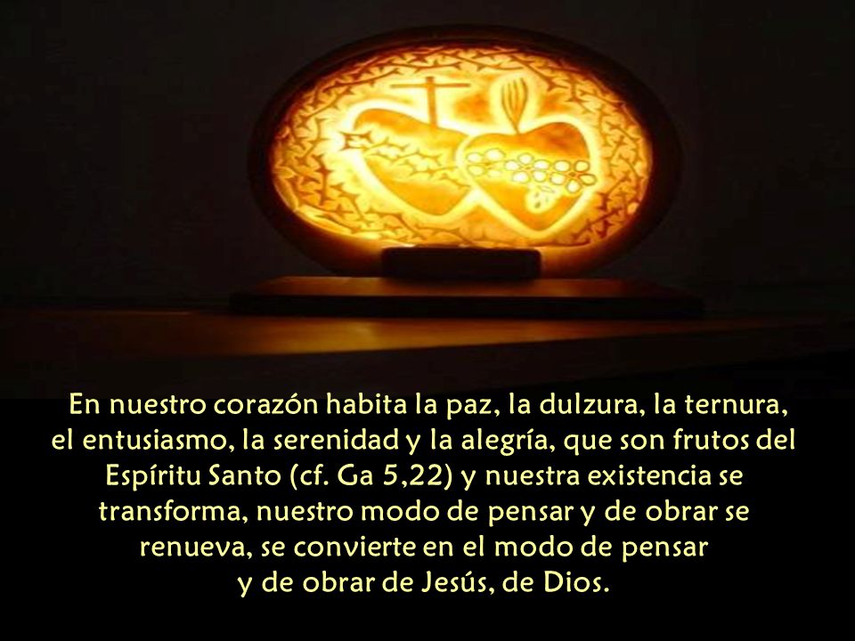 En nuestro corazón habita la paz, la dulzura, la ternura, el entusiasmo, la serenidad y la alegría, que son frutos del Espíritu Santo (cf.