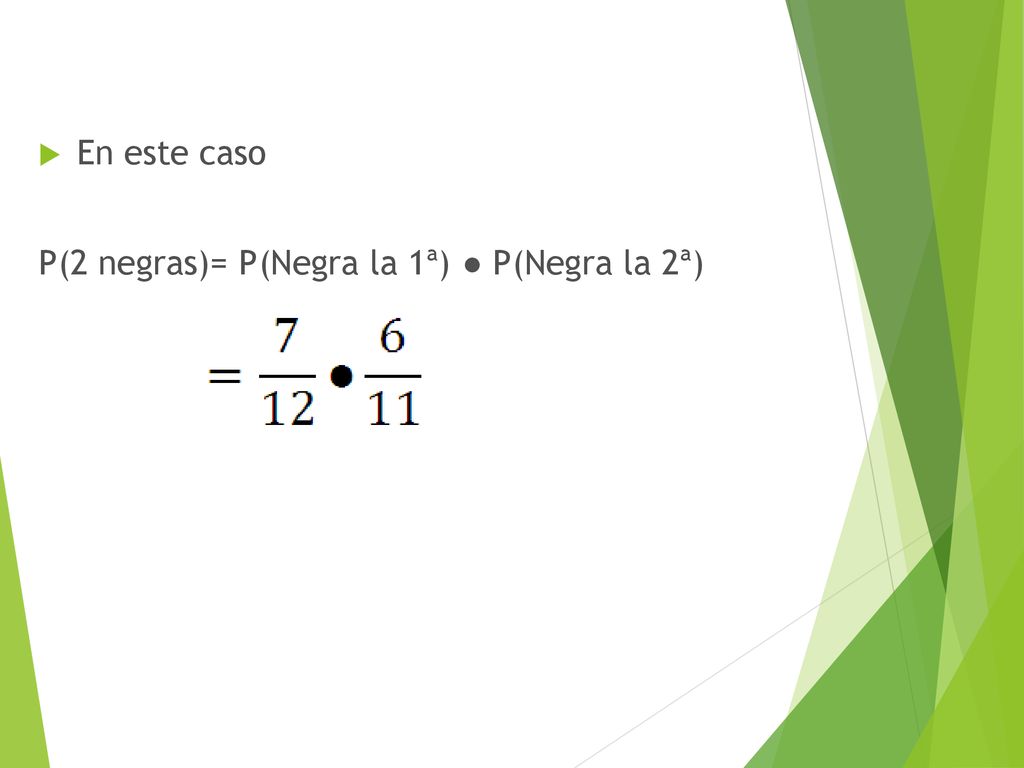 En este caso P(2 negras)= P(Negra la 1ª) ● P(Negra la 2ª)