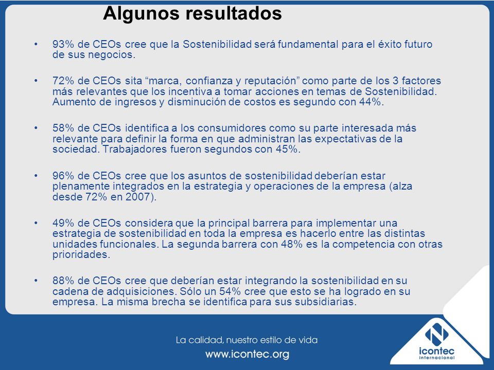 Algunos resultados 93% de CEOs cree que la Sostenibilidad será fundamental para el éxito futuro de sus negocios.