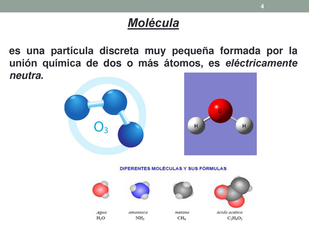 Molécula es una partícula discreta muy pequeña formada por la unión química de dos o más átomos, es eléctricamente neutra.