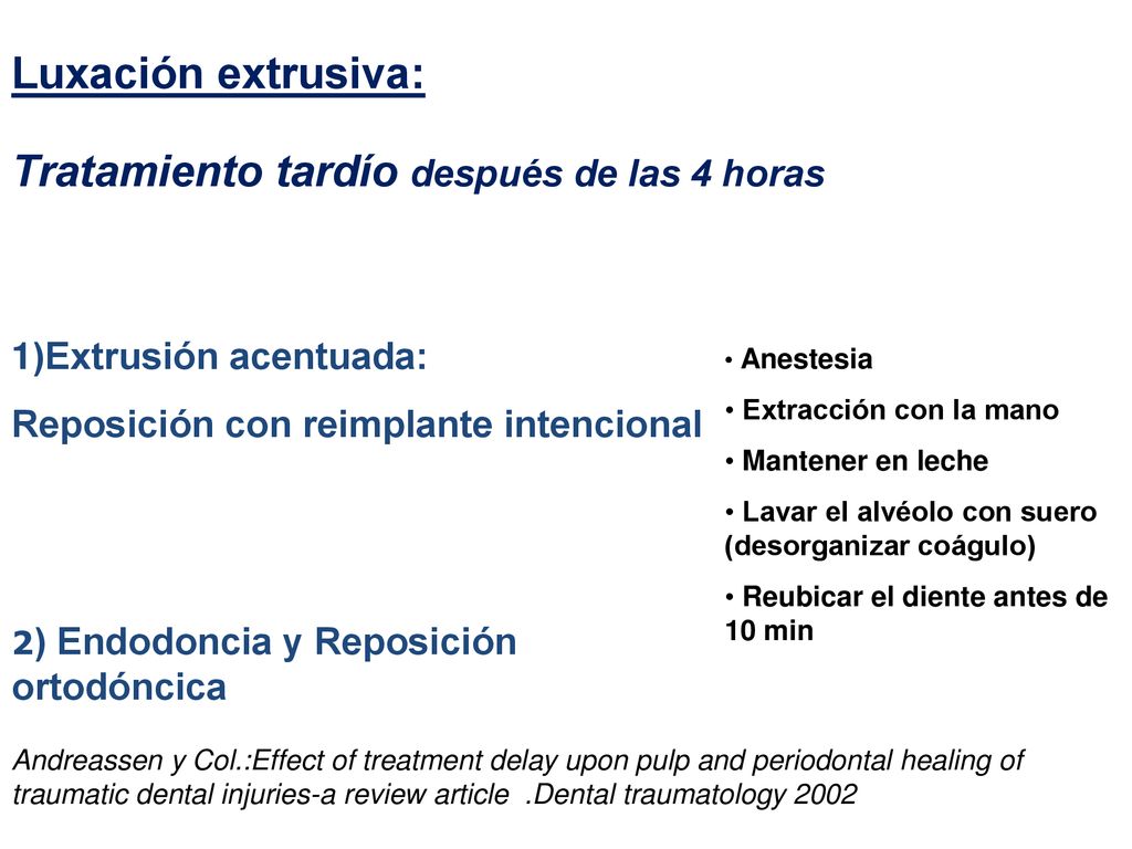 Luxación extrusiva: Tratamiento tardío después de las 4 horas