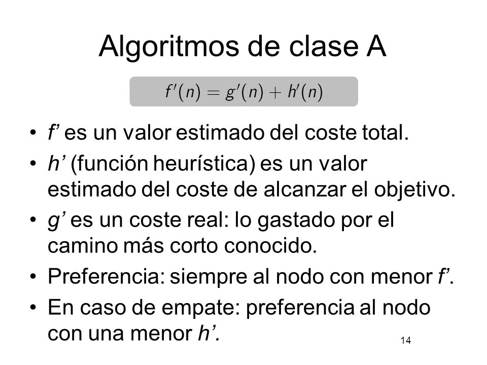 Algoritmos de clase A f’ es un valor estimado del coste total.