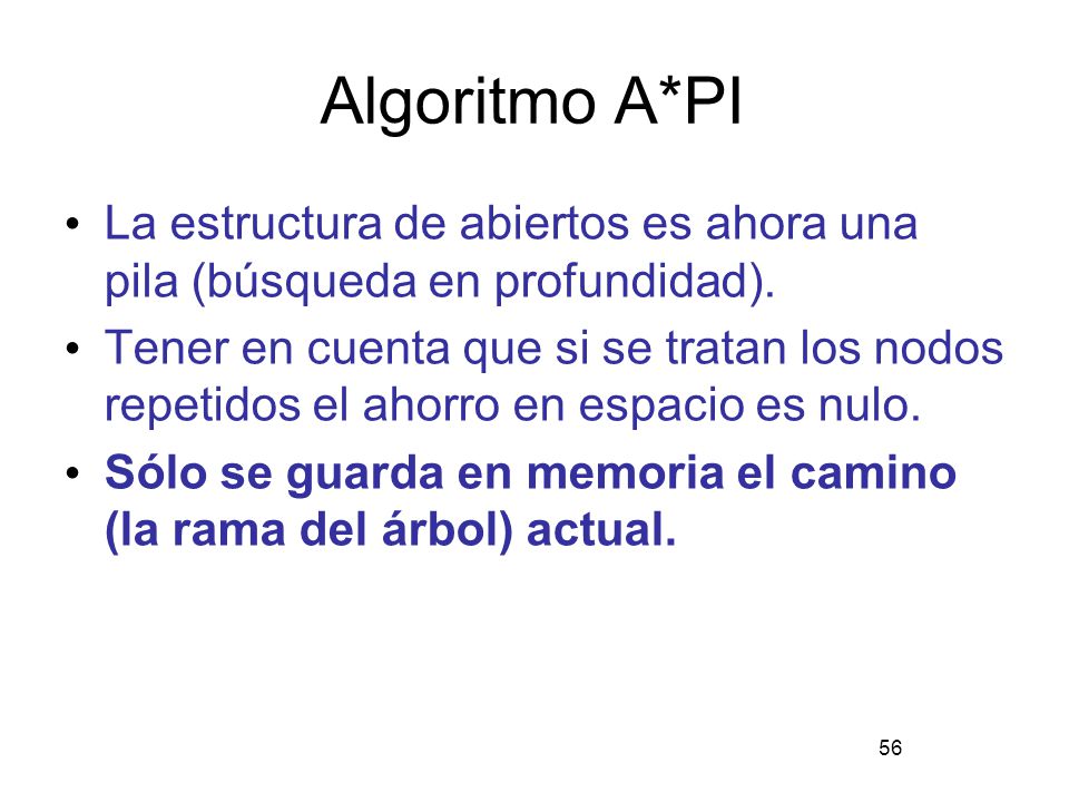 Algoritmo A*PI La estructura de abiertos es ahora una pila (búsqueda en profundidad).