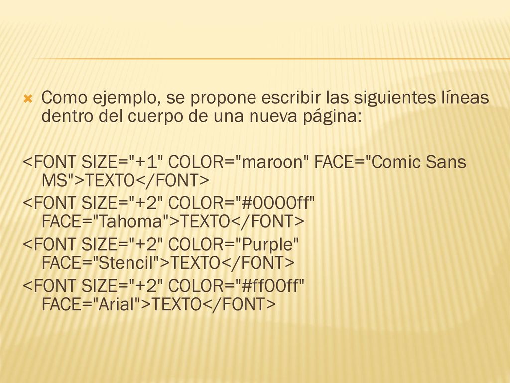 Como ejemplo, se propone escribir las siguientes líneas dentro del cuerpo de una nueva página: