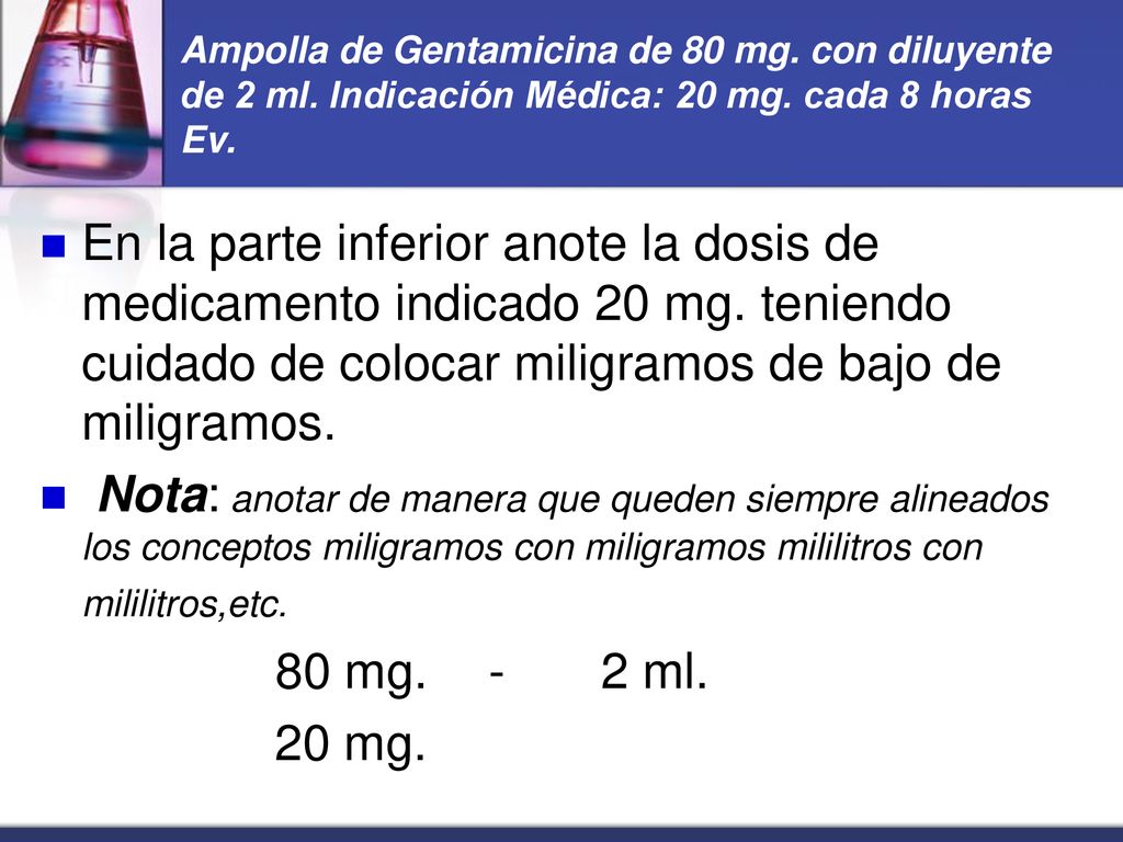 Ampolla de Gentamicina de 80 mg. con diluyente de 2 ml