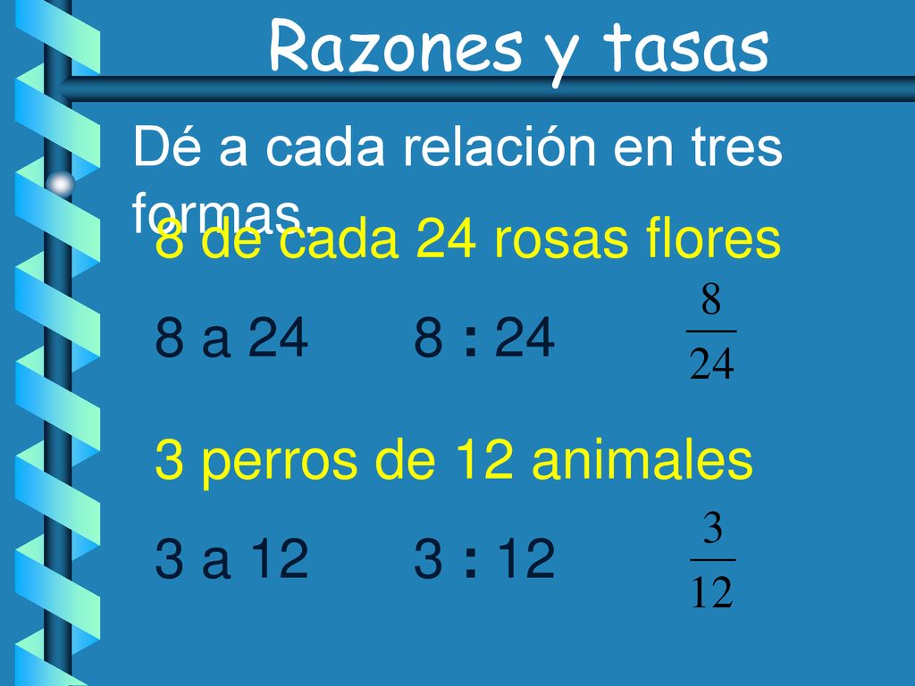 Razones y tasas Dé a cada relación en tres formas.