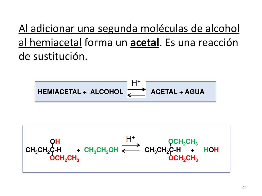 Al adicionar una segunda moléculas de alcohol al hemiacetal forma un acetal. Es una reacción de sustitución.