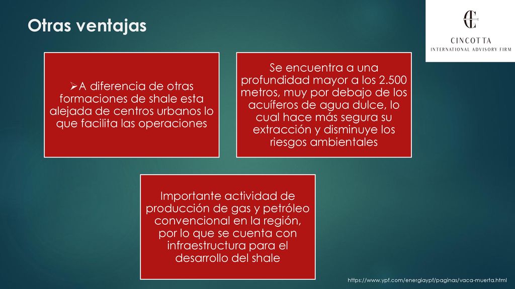 Otras ventajas A diferencia de otras formaciones de shale esta alejada de centros urbanos lo que facilita las operaciones.