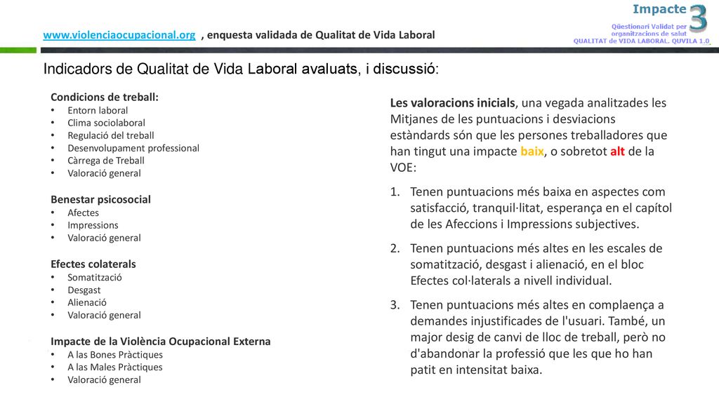 Indicadors de Qualitat de Vida Laboral avaluats, i discussió: