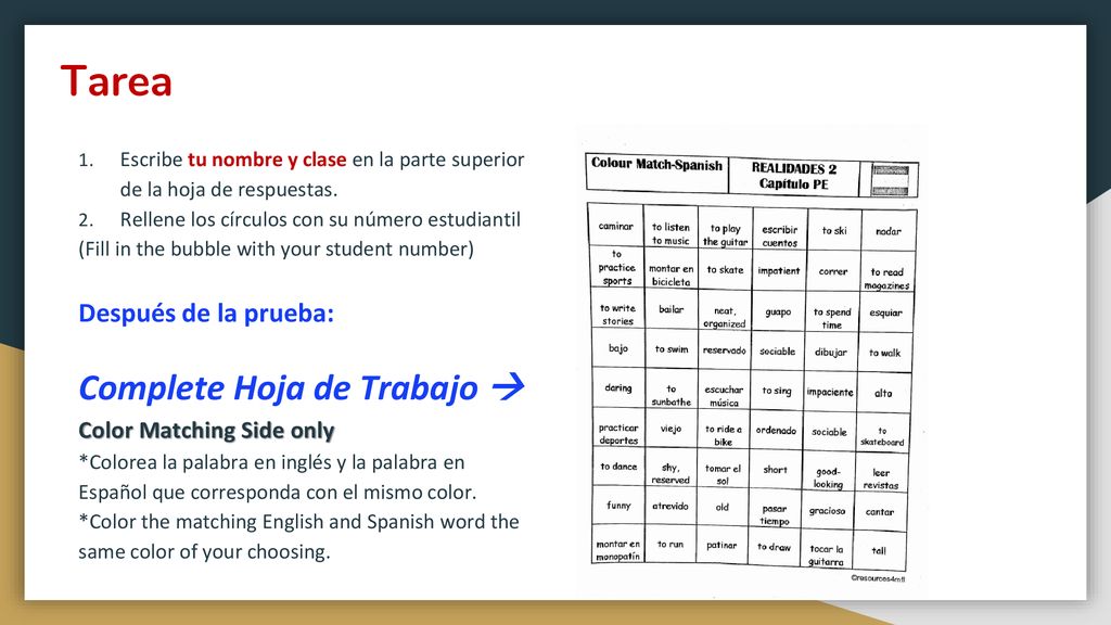 Tarea Complete Hoja de Trabajo  Después de la prueba: