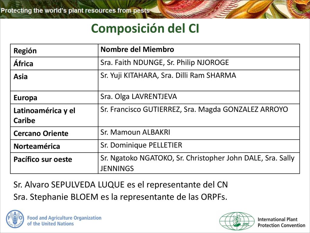 Composición del CI Región. Nombre del Miembro. África. Sra. Faith NDUNGE, Sr. Philip NJOROGE. Asia.