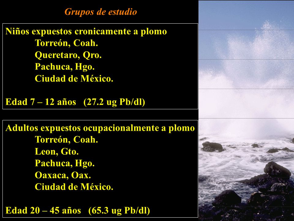 Grupos de estudio Niños expuestos cronicamente a plomo. Torreón, Coah. Queretaro, Qro. Pachuca, Hgo.