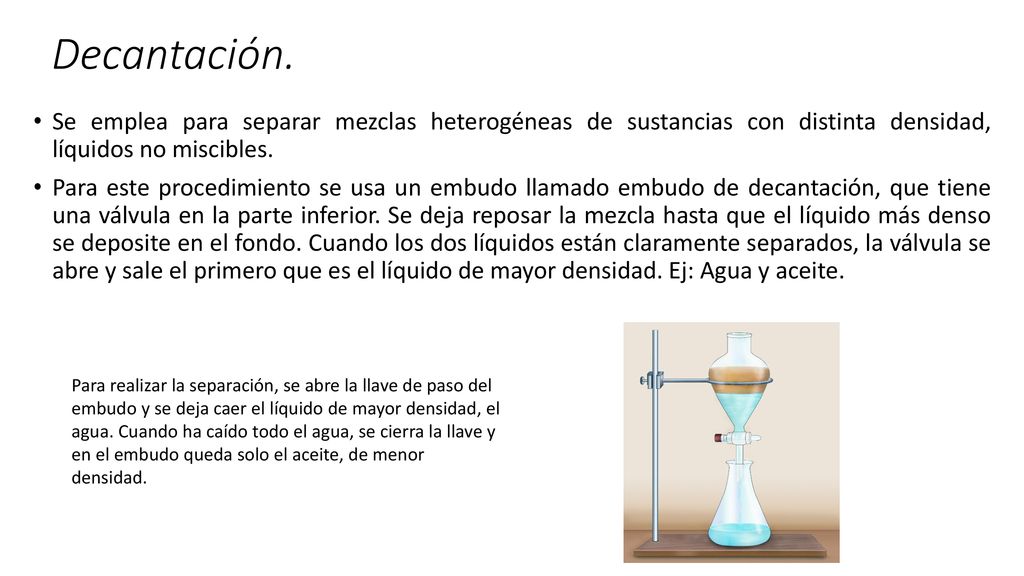 Decantación. Se emplea para separar mezclas heterogéneas de sustancias con distinta densidad, líquidos no miscibles.