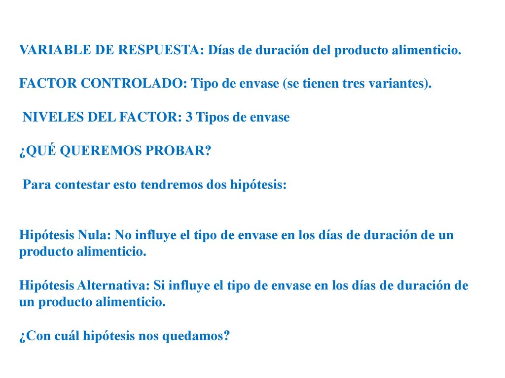 VARIABLE DE RESPUESTA: Días de duración del producto alimenticio.