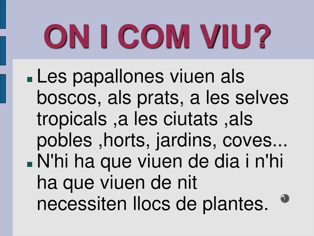 ON I COM VIU Les papallones viuen als boscos, als prats, a les selves tropicals ,a les ciutats ,als pobles ,horts, jardins, coves...