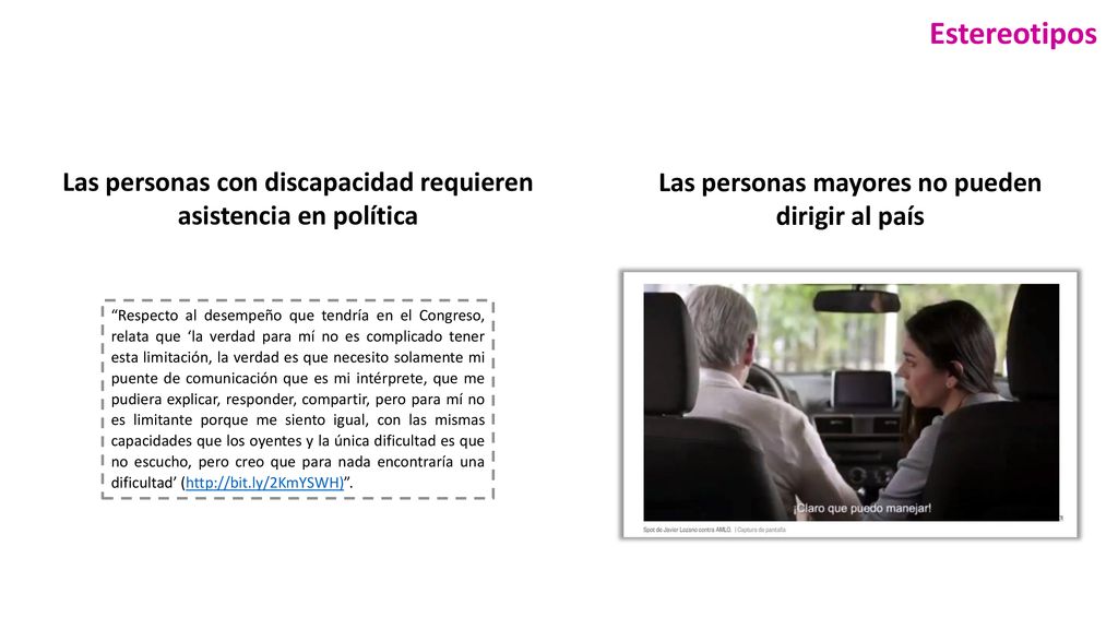 Estereotipos Las personas con discapacidad requieren asistencia en política. Las personas mayores no pueden dirigir al país.