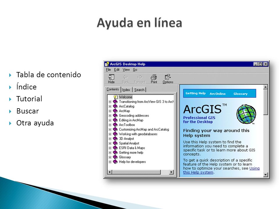 Ayuda en línea Tabla de contenido Índice Tutorial Buscar Otra ayuda