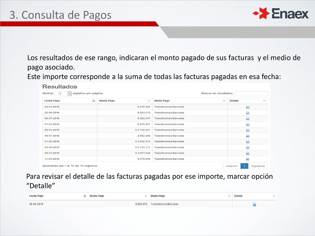3. Consulta de Pagos Los resultados de ese rango, indicaran el monto pagado de sus facturas y el medio de pago asociado.