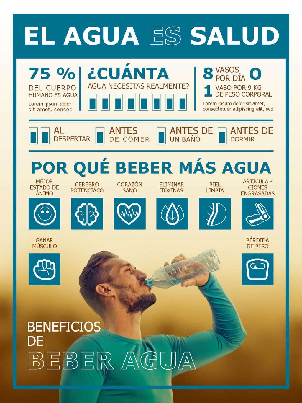EL AGUA ES SALUD 75 % ¿CUÁNTA 8 O 1 POR QUÉ BEBER MÁS AGUA