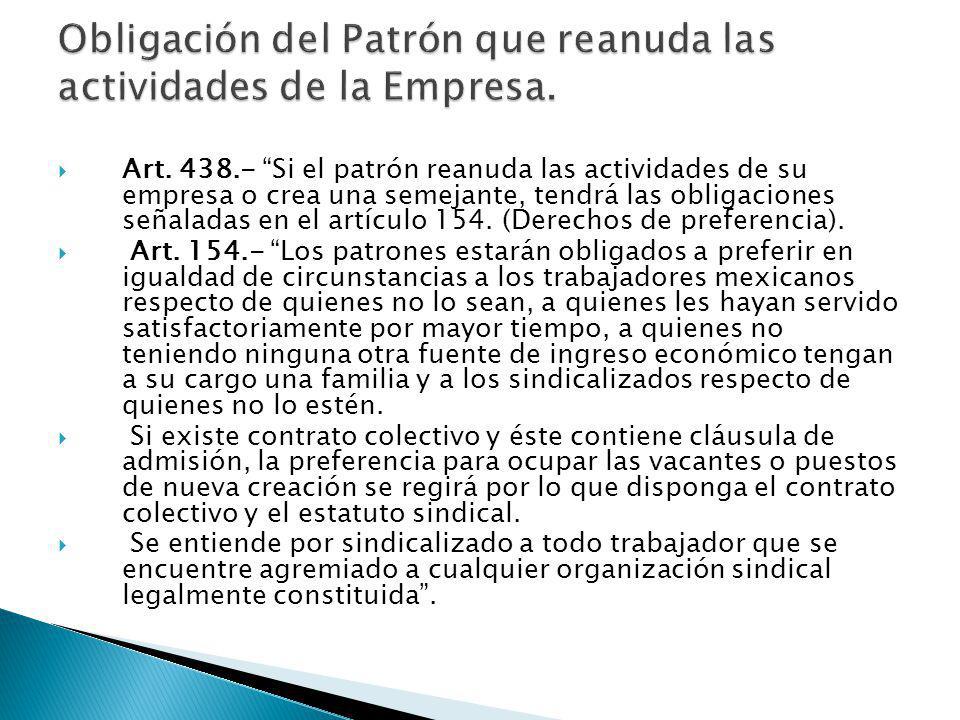 Obligación del Patrón que reanuda las actividades de la Empresa.