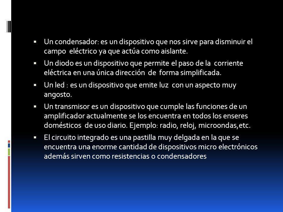 Un condensador: es un dispositivo que nos sirve para disminuir el campo eléctrico ya que actúa como aislante.
