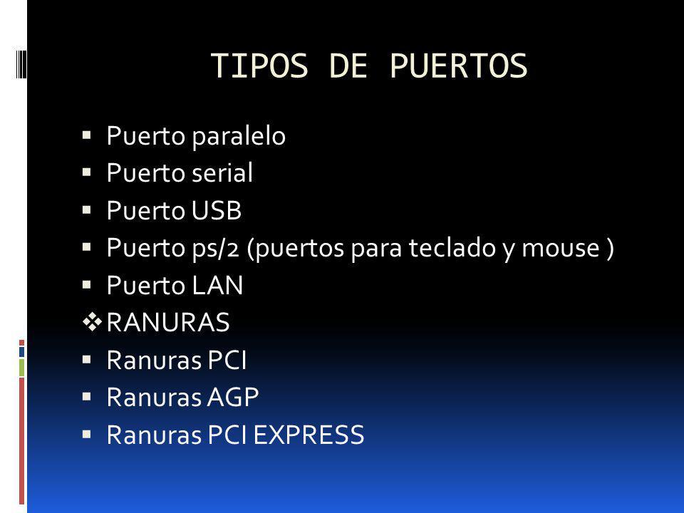 TIPOS DE PUERTOS Puerto paralelo Puerto serial Puerto USB