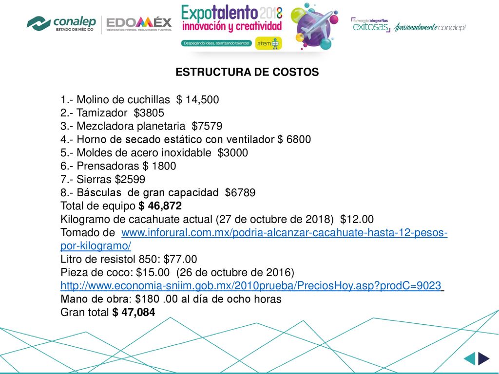 ESTRUCTURA DE COSTOS 1.- Molino de cuchillas $ 14, Tamizador $ Mezcladora planetaria $7579.