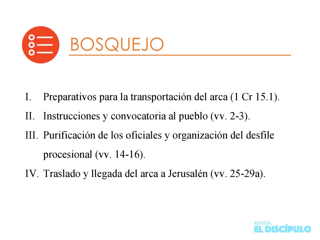 BOSQUEJO Preparativos para la transportación del arca (1 Cr 15.1).