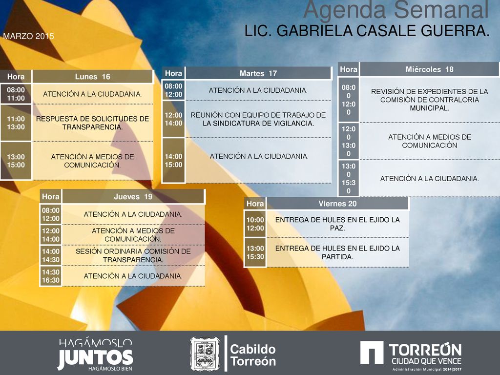 Agenda Semanal LIC. GABRIELA CASALE GUERRA. Cabildo Torreón MARZO 2015